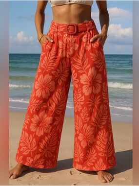 Shore Wide-Leg Floral Belted Pants - Orange